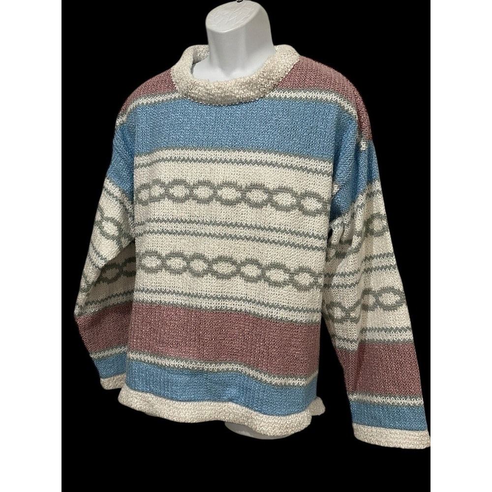 Allen‎ Wah Mens Sweater Chevron Stripe Pastel Blue Pink Knit USA Vintage M